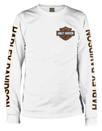 Harley-Davidson® Men's Long Sleeve Orange Bar & Shield White Tee Shirt