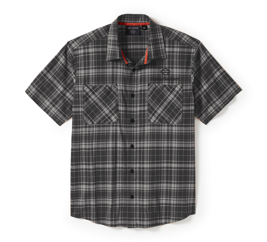 Men's H-D TECH Coolmax Plaid Short Sleeve Shirt - Plaid - Ghost Gray & Asphalt
