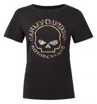Harley-Davidson Women's Camo Willie G Skull Scoop Neck Short Sleeve Tee, Black