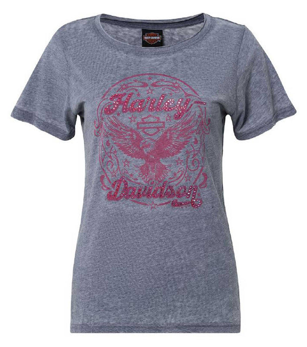 Harley-Davidson® Womens Retro Eagle Embellished Short Sleeve Poly-Blend Tee, Navy