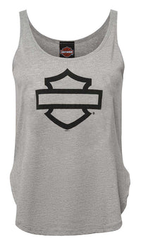 Harley-Davidson® Women's Open Bar & Shield Curved Hem Sleeveless Tank Top, Gray