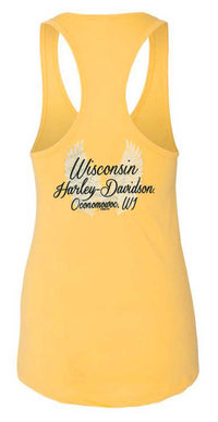 Harley-Davidson Women's Road Diva Script Sleeveless Racerback Tank Top, Yellow