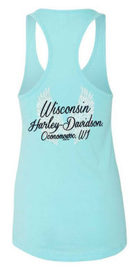 Harley-Davidson® Women's Road Diva Script Sleeveless Racerback Tank Top, Sky Blue