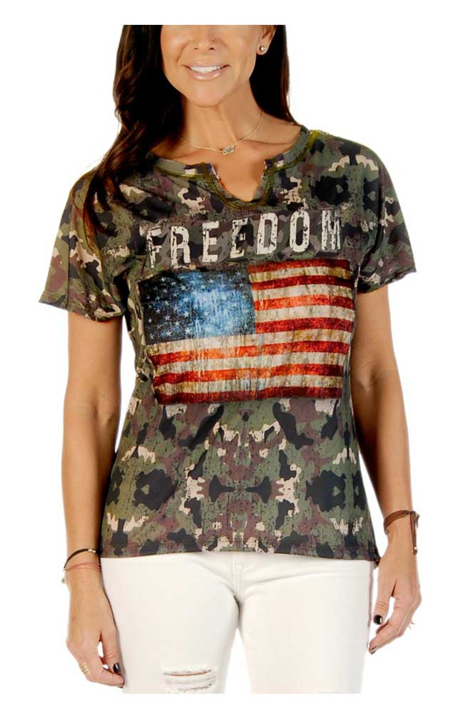 Liberty Wear Women's Freedom Flag Camo Print Short Sleeve Notched Neck Tee