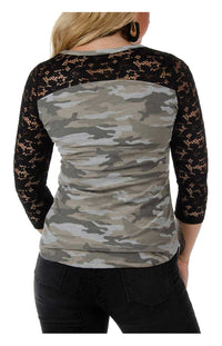 Liberty Wear Women's Bleeding Freedom Flag 3/4 Lace Sleeves Thermal Top - Camo
