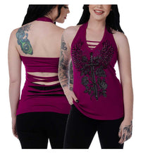 Liberty Wear Women's Embellished Vengeance Dagger Halter Top - Magenta Pink