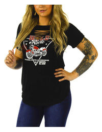 Liberty Wear Women's Embellished Wyld Ride Slit Neckline Short Sleeve Tee, Black