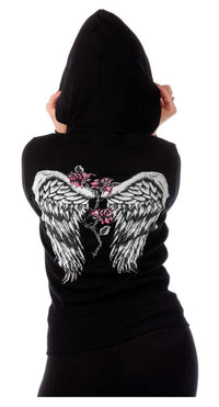Liberty Wear Women's Barbed Wire & Roses Zip-Up Light-Weight Hoodie - Black
