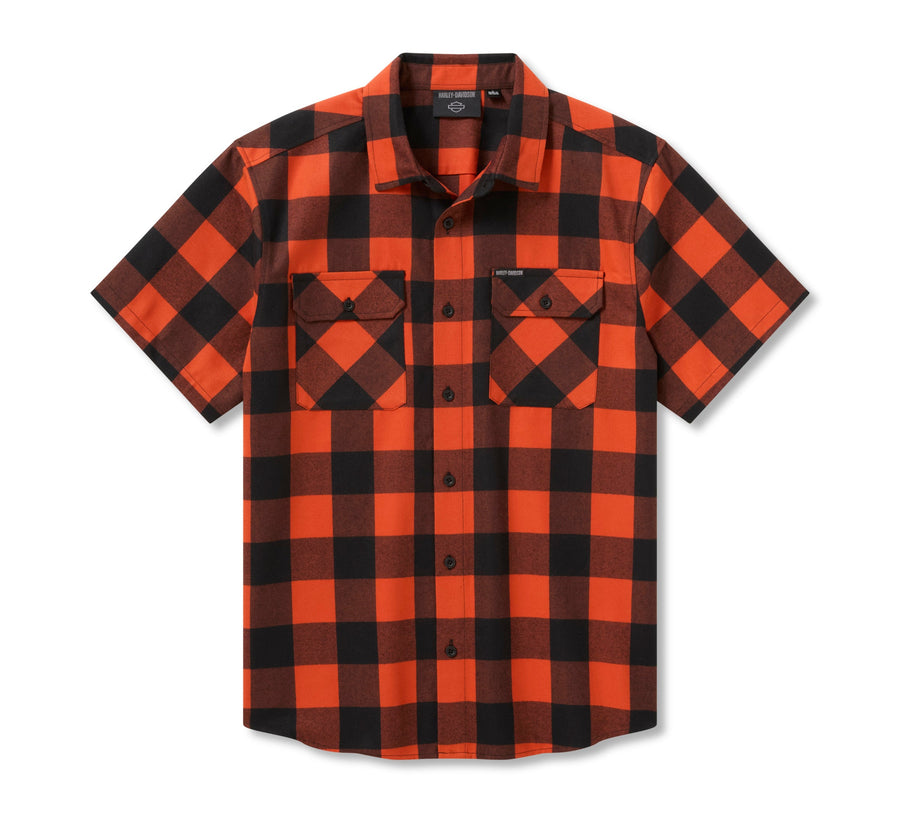 Men's H-D Standard Short Sleeve Plaid Shirt - Harley Black & Vintage Orange
