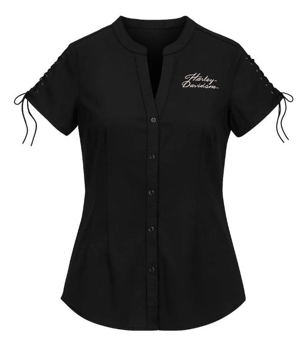 Harley-Davidson Women's Script Font Laced Sleeve Shirt