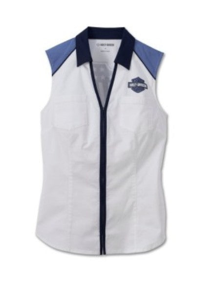 Women's Liberty Sleeveless Zip-Front Shirt - Colorblock Style - White Shine