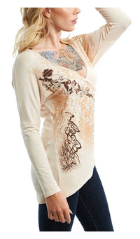 Harley-Davidson Women's Bling Victorian Elegance V-Neck Long Sleeve Top - Cream