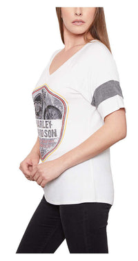 Harley-Davidson Women's Embellished Bike V-Neck Striped Short Sleeve Tee - White