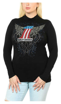Harley-Davidson® Women's Embellished #1 Winged Mock Neck Long Sleeve Top - Black