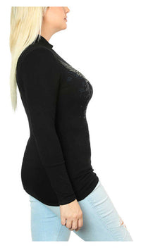 Harley-Davidson® Women's Embellished #1 Winged Mock Neck Long Sleeve Top - Black