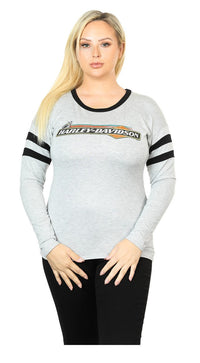 Harley-Davidson Women's Eatin Dust Crew Neck Striped Longsleeve Tee Shirt, Gray