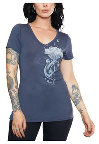 Harley-Davidson Women's Embellished B&S Short Sleeve V-Neck Tee - Gray