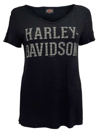 Harley-Davidson Women's Fasten Grommet Sleeve Accents V-Neck Top - Black