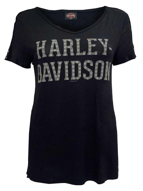Harley-Davidson Women's Fasten Grommet Sleeve Accents V-Neck Top - Black