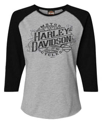 Harley-Davidson Women's Engrained 3/4 Sleeve Raglan Top - Black/Heather Gray