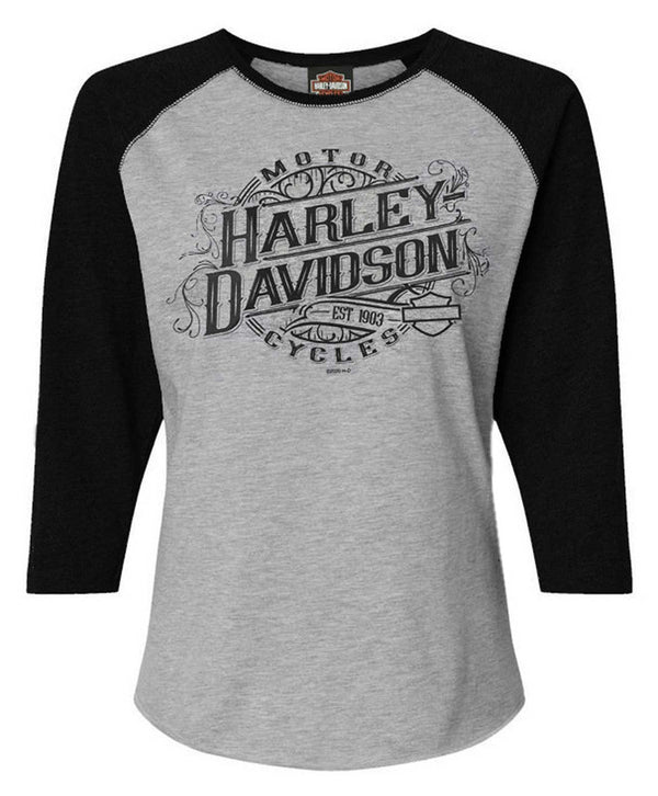 Harley-Davidson Women's Engrained 3/4 Sleeve Raglan Top - Black/Heather Gray