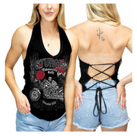 Liberty Wear Women's Sturgis Winged Bike V-Neck Halter Top w/ Tie Back - Black